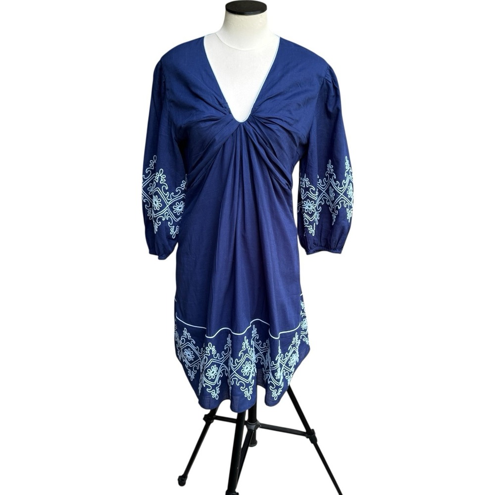 Anna Cate Dress Blue White Embroidered‎ V Neck 100% Cotton Ruched Size Small